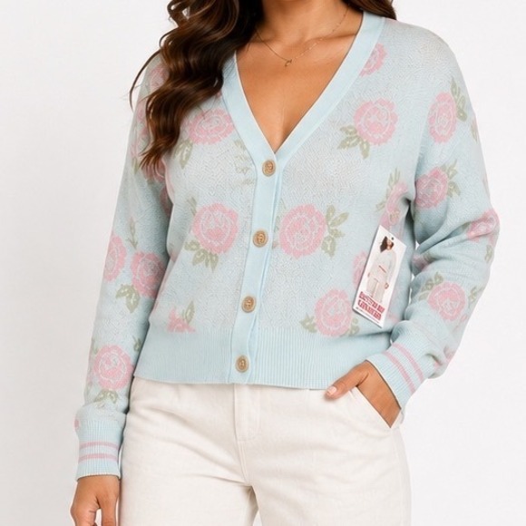 Celebrity Pink Sweaters - Celebrity Pink Womens Light Blue Pink‎ Rose Floral V-Neck Button Up Cardigan NEW